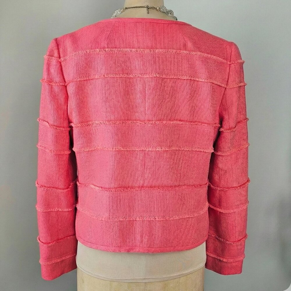 J.Crew Coral Fringe-Trim Cropped Jacket Size 10 Raw Edge Tiered Statement Blazer - Picture 6 of 13